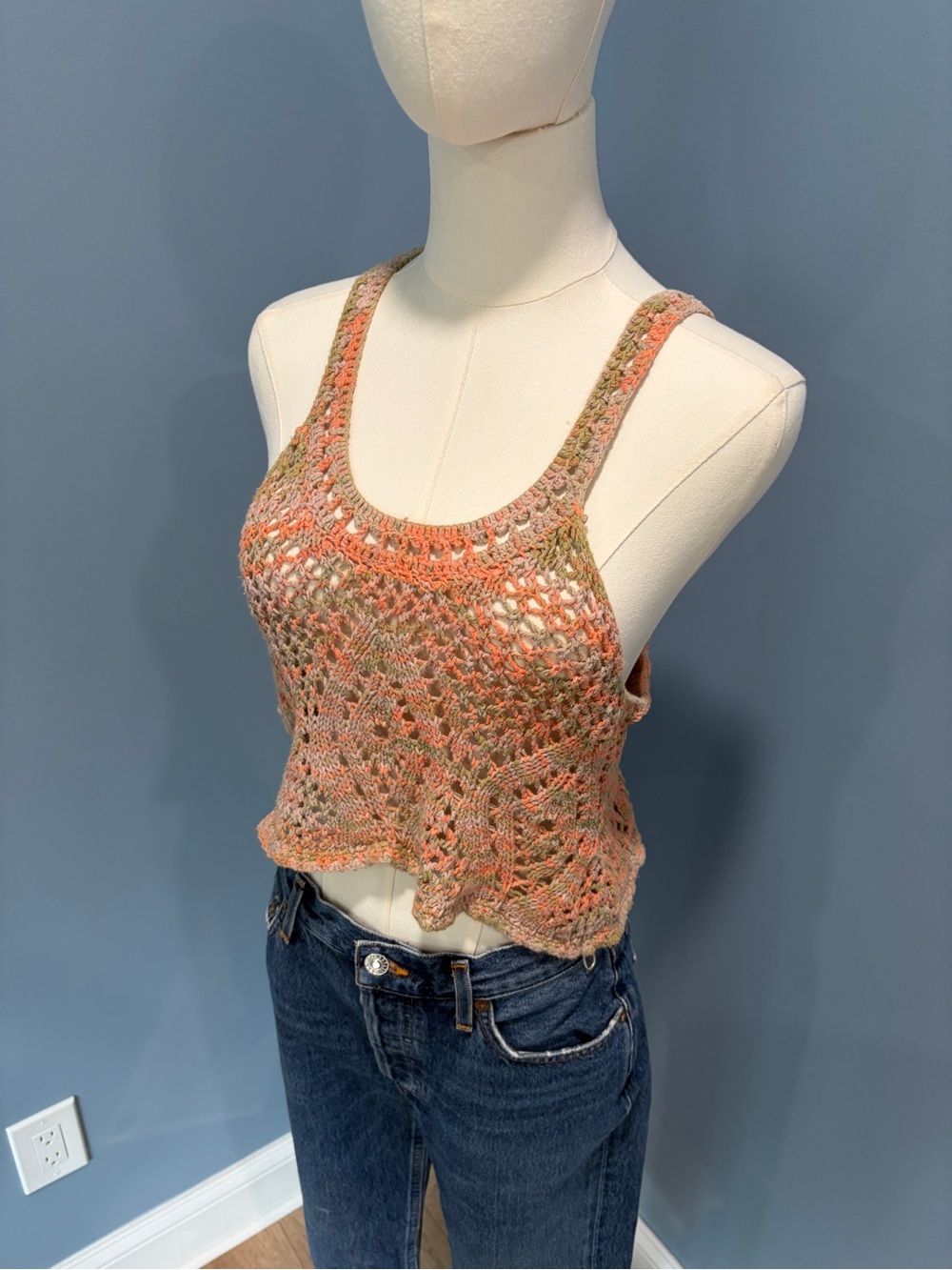 Free People Crochet Knit Tank Top XS Boho Open Knit Crop Racerback